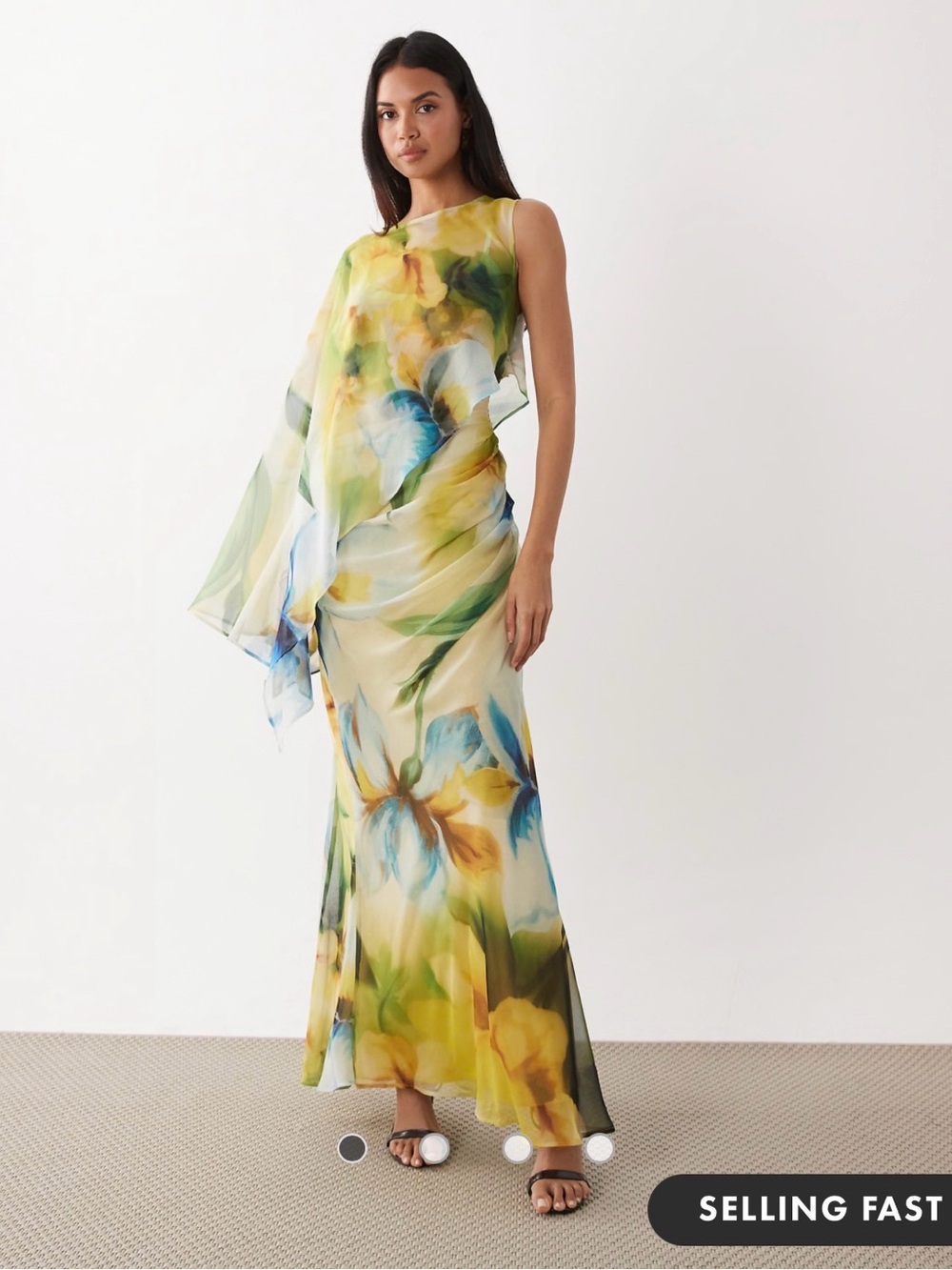 ASOS DESIGN draped batwing asymmetric one sleeve maxi dress in blue floral print